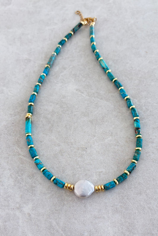 Collar Turquesa y perla chata