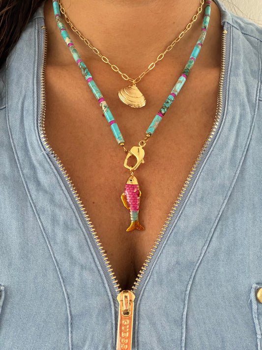 Collar turquesa y pez con cierre al frente