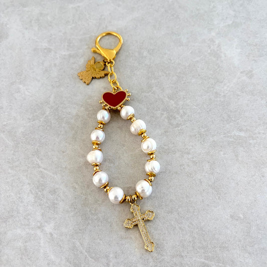 Llavero Denario perla y cruz