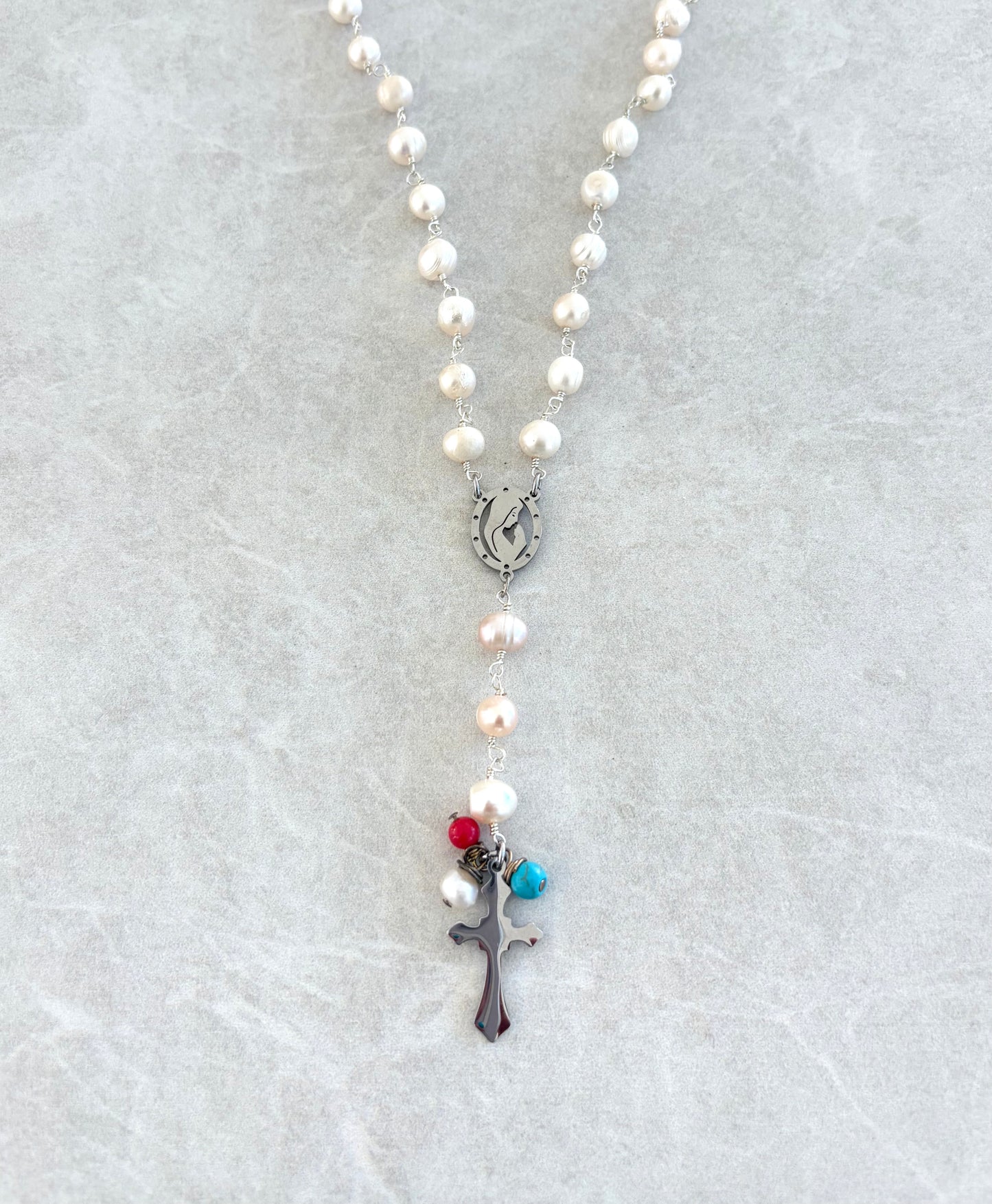 Collar rosario lariat plateado